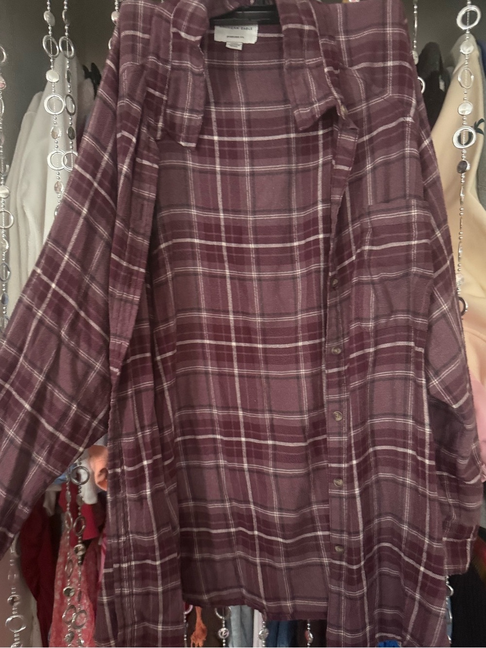 Oversized American Eagle Plaid Button-Front Shirt